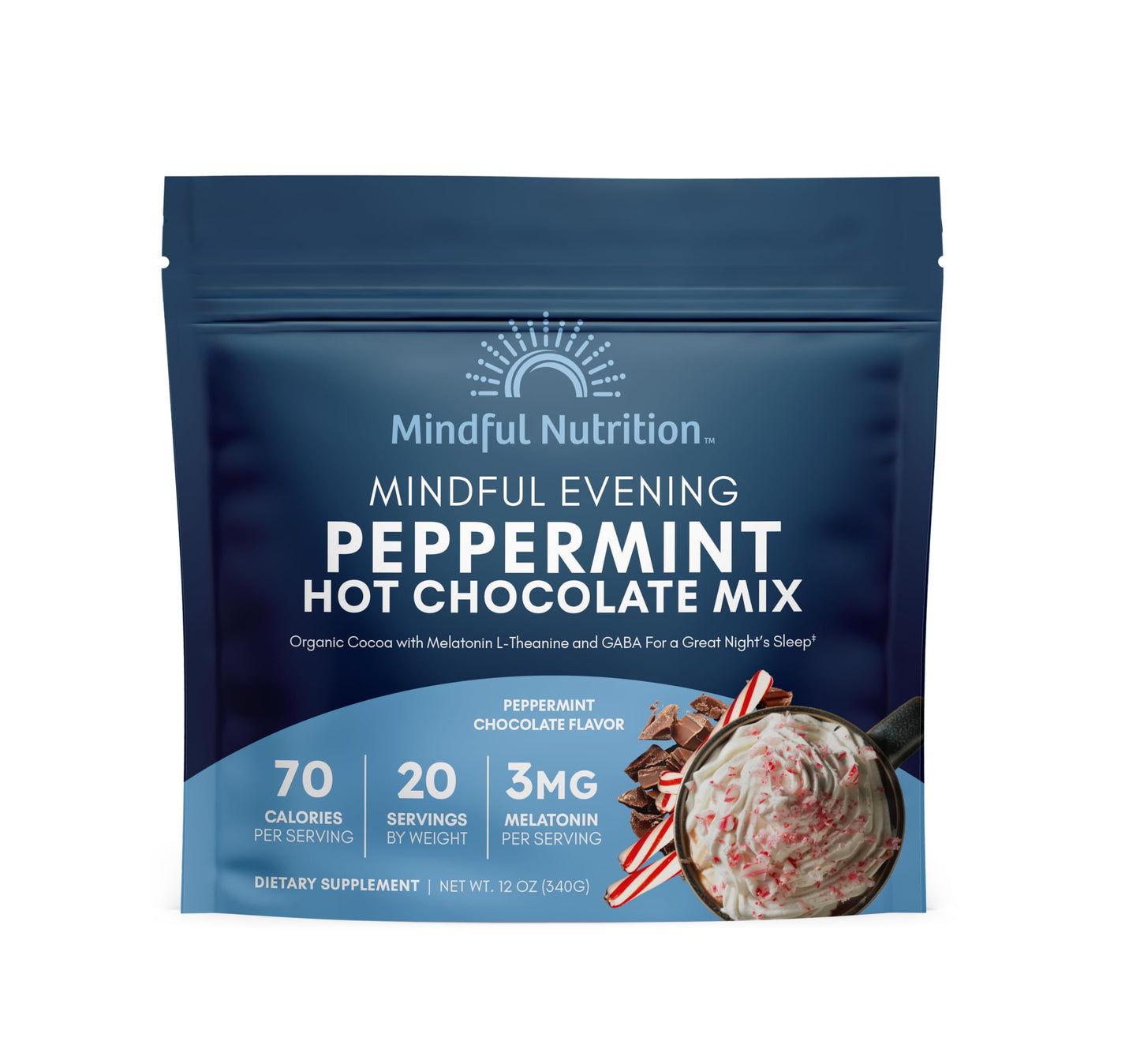 Mindful Nutrition Peppermint Cocoa Mix - Natural Sleep Aid with Melatonin, L-Theanine & GABA, 12 Ounce Pack