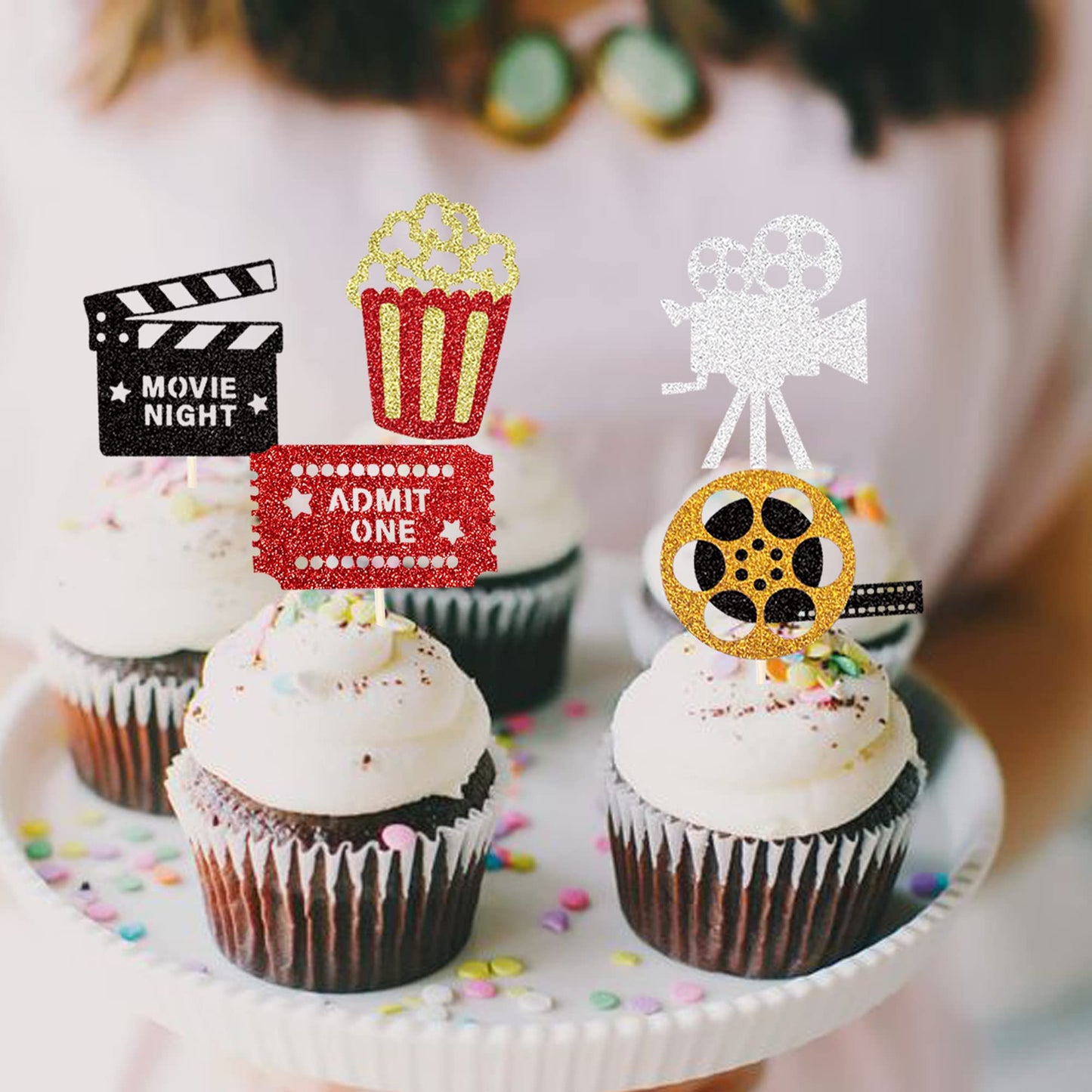 30 Pcs Movie Cupcake Toppers Glitter Movie Night Roll Camera Popcorn Cupcake Picks For Hollywood Theme Baby Shower Kids Birthday