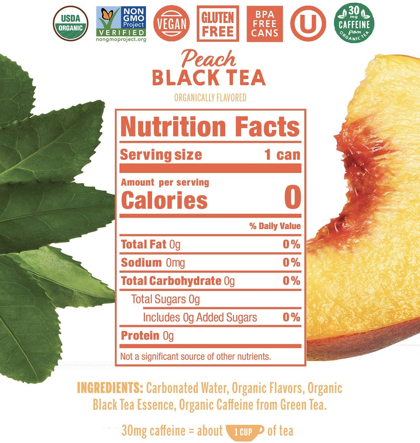 Nixie Sparkling Water, Peach Black Tea, Organic, Non-GMO, 12 fl oz cans, 24 pack, Lightly Caffeinated, 0 Calories, 0 Sugar