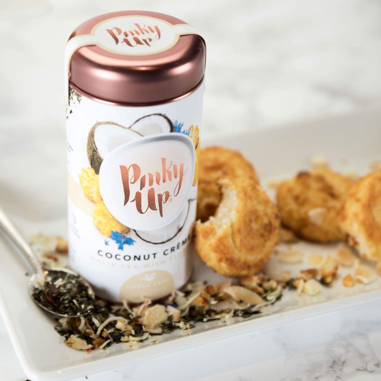 Pinky Up Coconut Crème Loose Leaf Tea, White Tea, 2.8 Ounce Tin, 25 Servings, Gluten Free, 15-30 mg Caffeine Per Serving