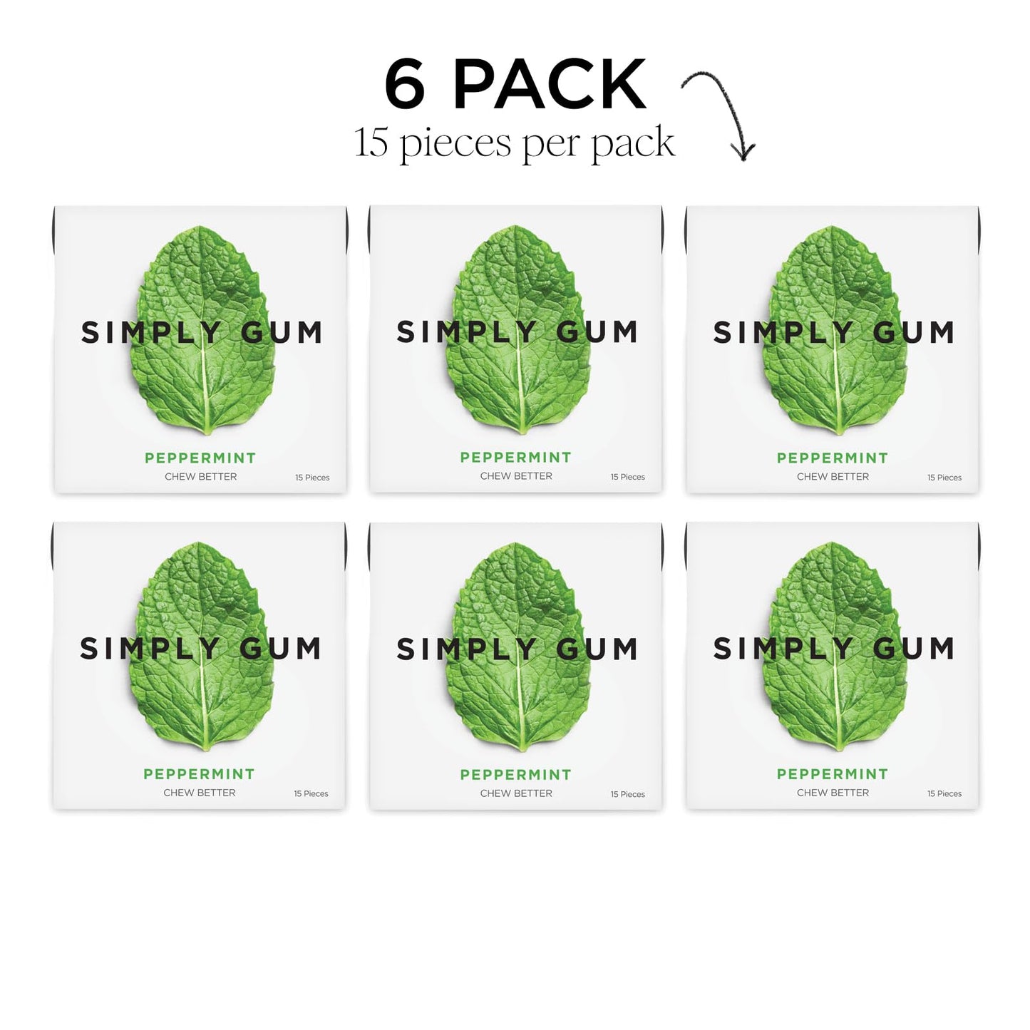 Simply Gum | Peppermint | Plant- Based Chewing Gum | Pack Of Six (90 Pieces Total) | Synthetic Plastic Free + Aspartame Free + Non Gmo