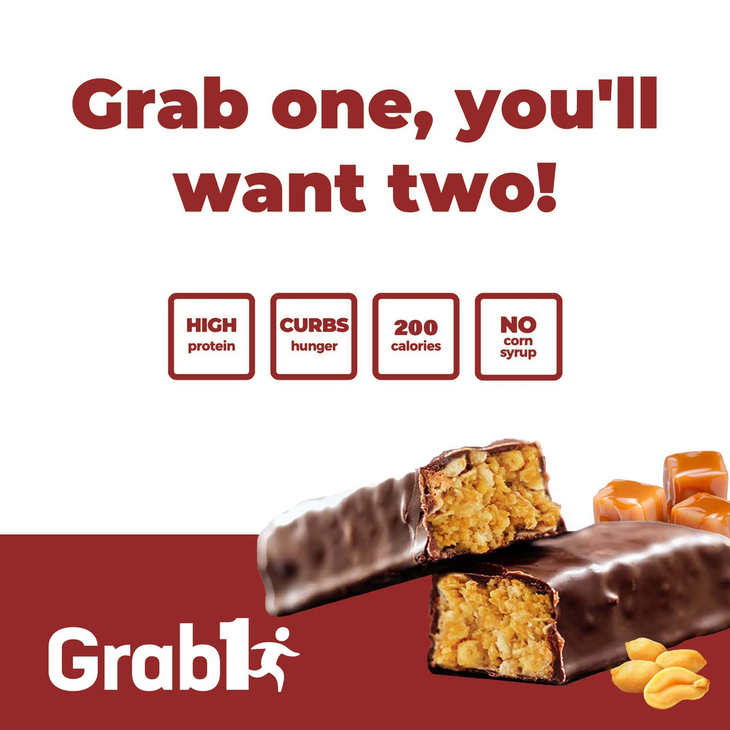 Grab1 High Fiber Protein Bars | 9 Grams Fiber | 10 Grams Protein | Peanut Caramel Flavor (2 Pack - 10 Bars) Controls Hunger | De