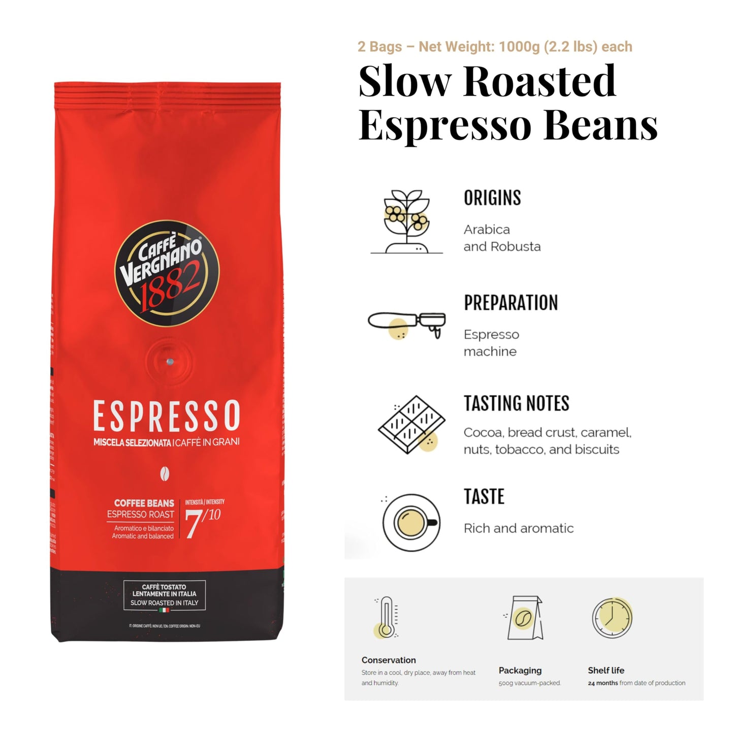Caffe Vergnano 1882 Espresso Whole Bean Arabica Roast Coffee, 2.2 Lb Bag - Italian Medium Roast Coffee Beans With Notes Of Chocolate, Nuts & Caramel, Intensity 7/10-1000G Bag (2 Pack)