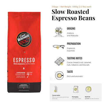 Caffe Vergnano 1882 Espresso Whole Bean Arabica Roast Coffee, 2.2 Lb Bag - Italian Medium Roast Coffee Beans With Notes Of Chocolate, Nuts & Caramel, Intensity 7/10-1000G Bag (2 Pack)