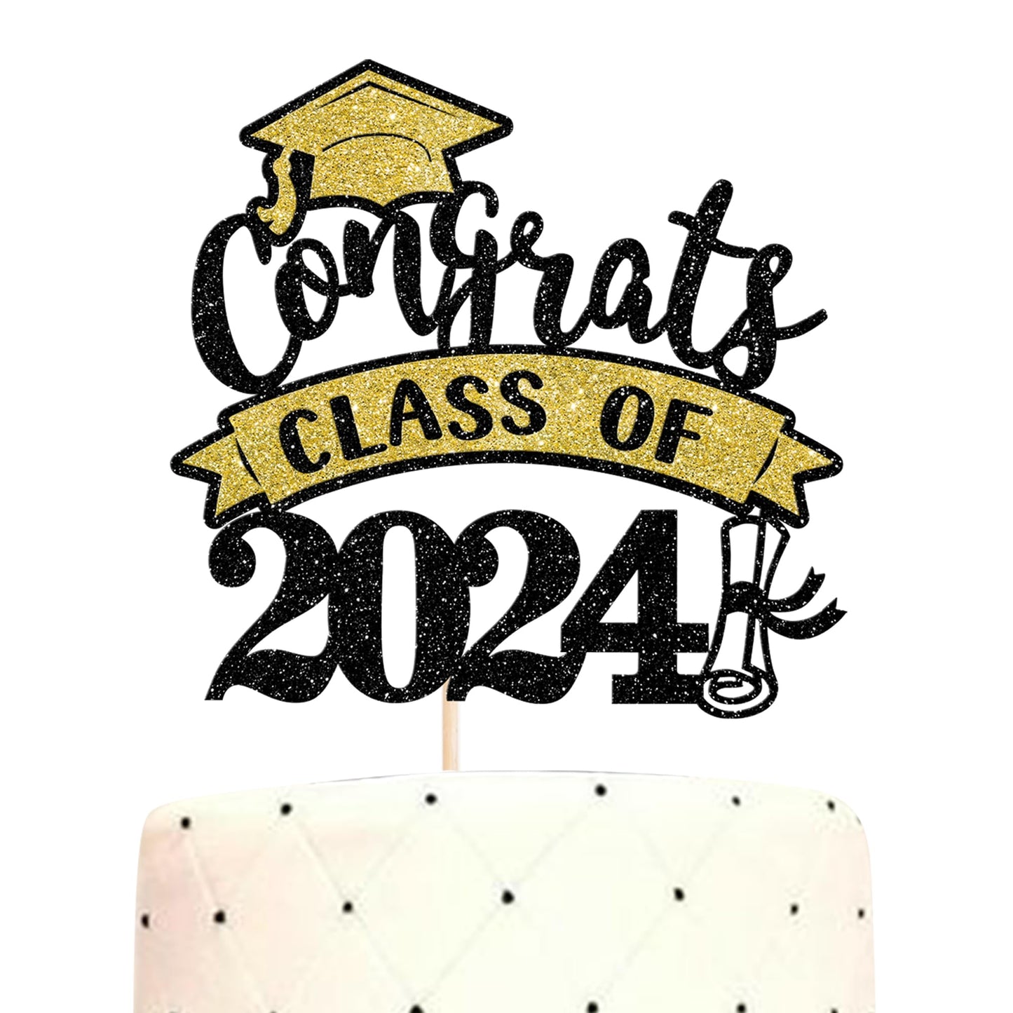 YCTHUNFISH Graduation Cake Topper, Gold Black Glitter, Class of 2024, Small, Bamboo Material