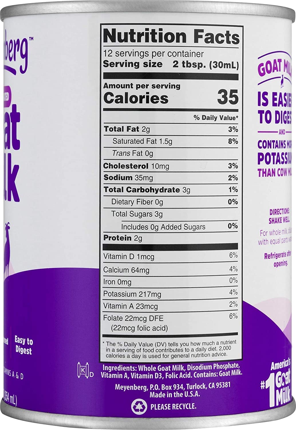 Meyenberg Evaporated Goat Milk, Vitamin D, 12 Fl Oz (Pack Of 3)