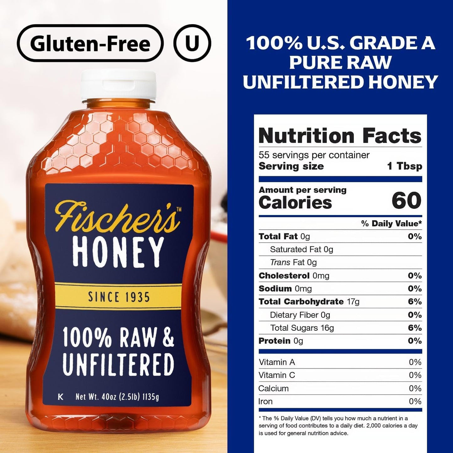 Fischers 100% Pure, Raw & Unfiltered Honey, 40 oz - USA Made Honey - All-Natural Sweetener - Rich Flavor Profile, Packed with Nu