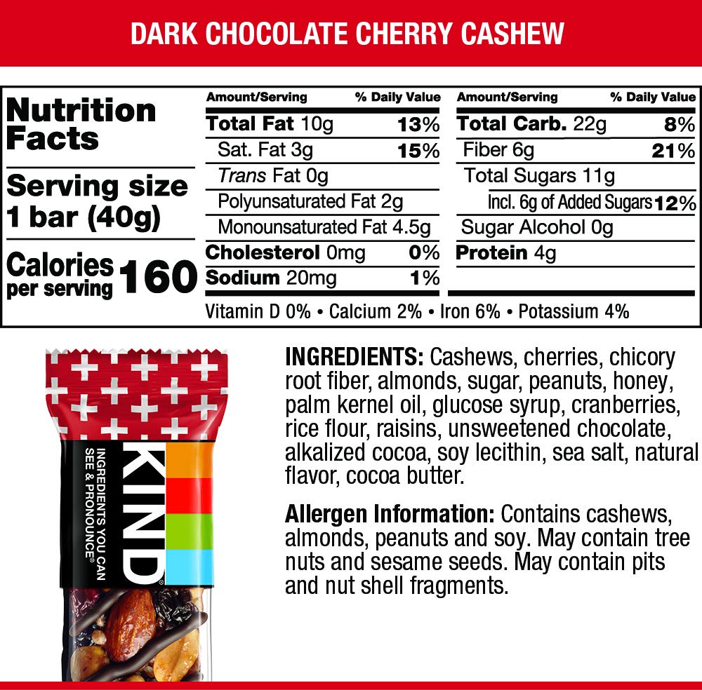 KIND Nut Bars, Dark Chocolate Cherry Cashew, 1.4 Ounce, 60 Count, Gluten Free, Low Glycemic Index, 4g Protein