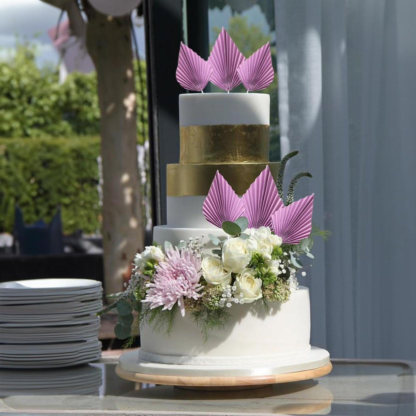 Gyufise Palm Leaf Cake Toppers, 4.7x5.1, Purple, 6Pcs, Decorative Cupcake Insert for Weddings and Parties, Model ZN0680-3