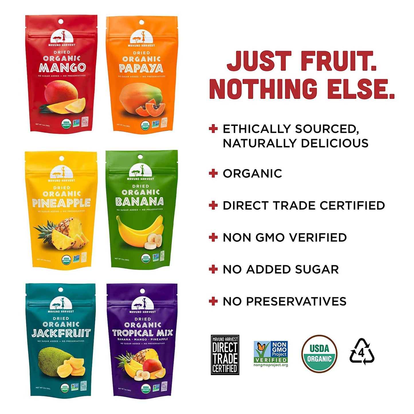 Mavuno Harvest Organic Dried Fruit Variety Pack | Dried Mango, Papaya, Pineapple, Banana, Jackfruit, & Tropical Mix | Healthy, V