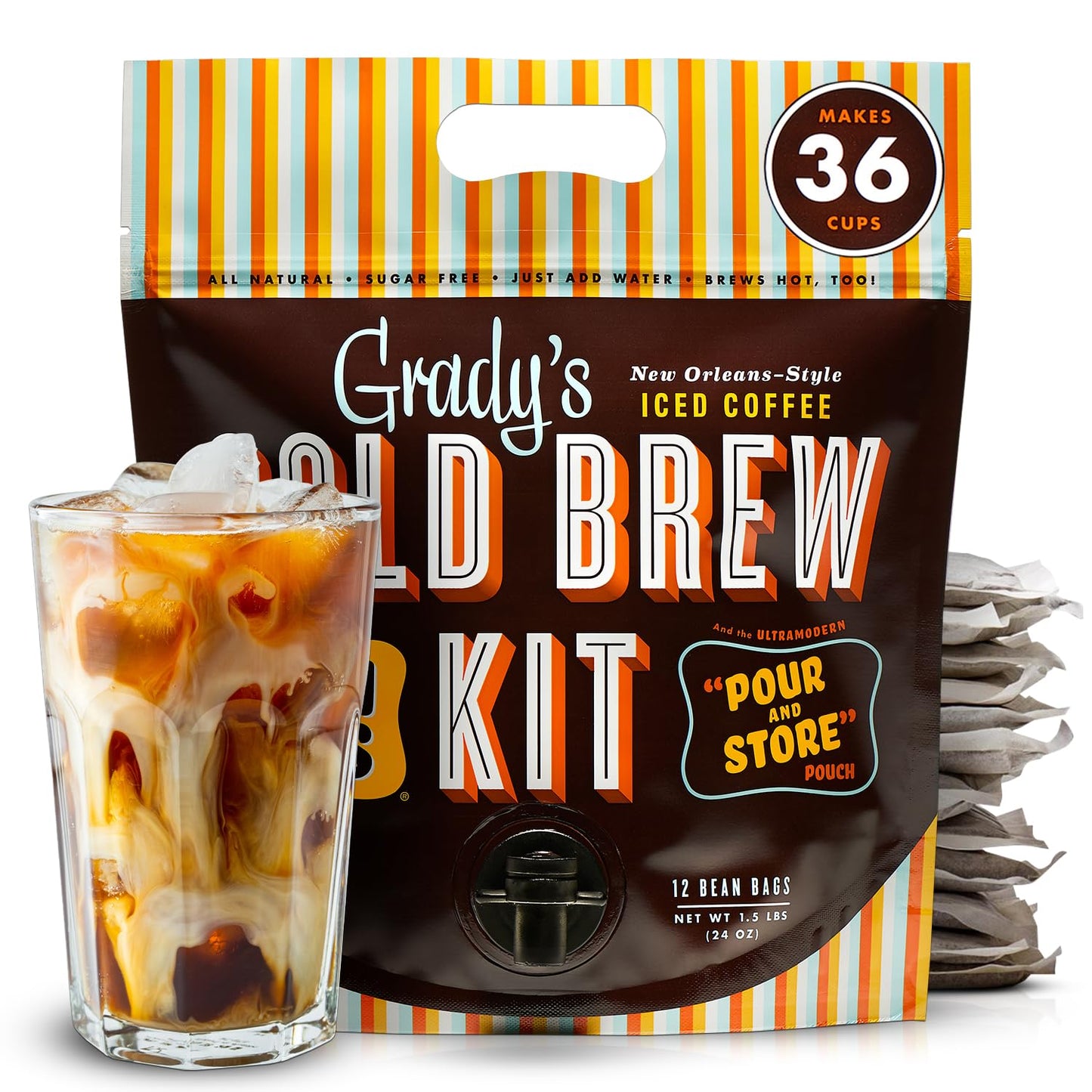 Gradys Cold Brew New Orleans Style Coffee & Chicory Pouches, All-in-One Kit, 24 Ounce, Makes 36 Drinks, Original