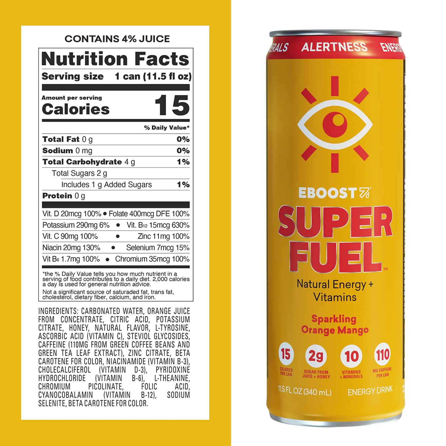 Eboost Super Fuel Healthy Energy Drink - Caffeine From Natural & Clean Ingredients For Focus And Productivity -Taurine Free Pre-Workout With Electrolytes, Nootropic & Vitamins - Orange Mango, 12 Pack