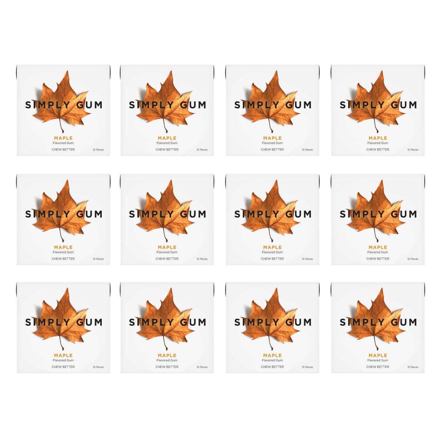 Simply Gum | Maple | Plant- Based Chewing Gum | Pack of 12 (180 Pieces Total) | Synthetic Free + Aspartame Free + non GMO