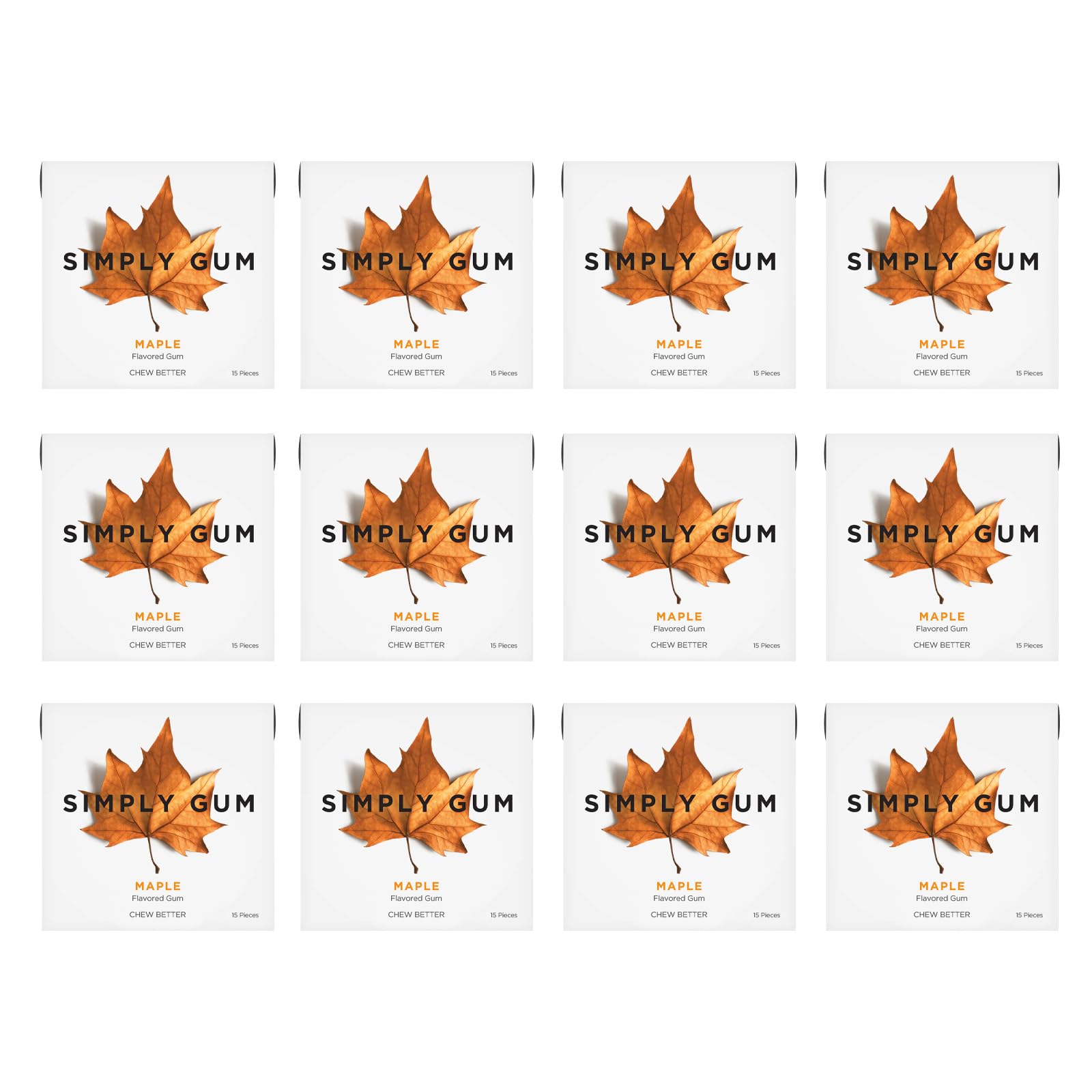 Simply Gum | Maple | Plant- Based Chewing Gum | Pack of 12 (180 Pieces Total) | Synthetic Free + Aspartame Free + non GMO