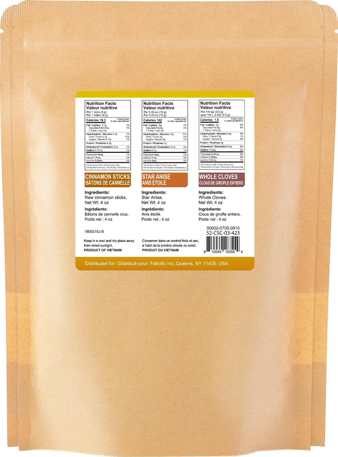 52USA Cinnamon Sticks, Star Anise, Whole Cloves - 4oz Each, All Natural Spice Set, No Preservatives, Perfect Kitchen Refill, Spi
