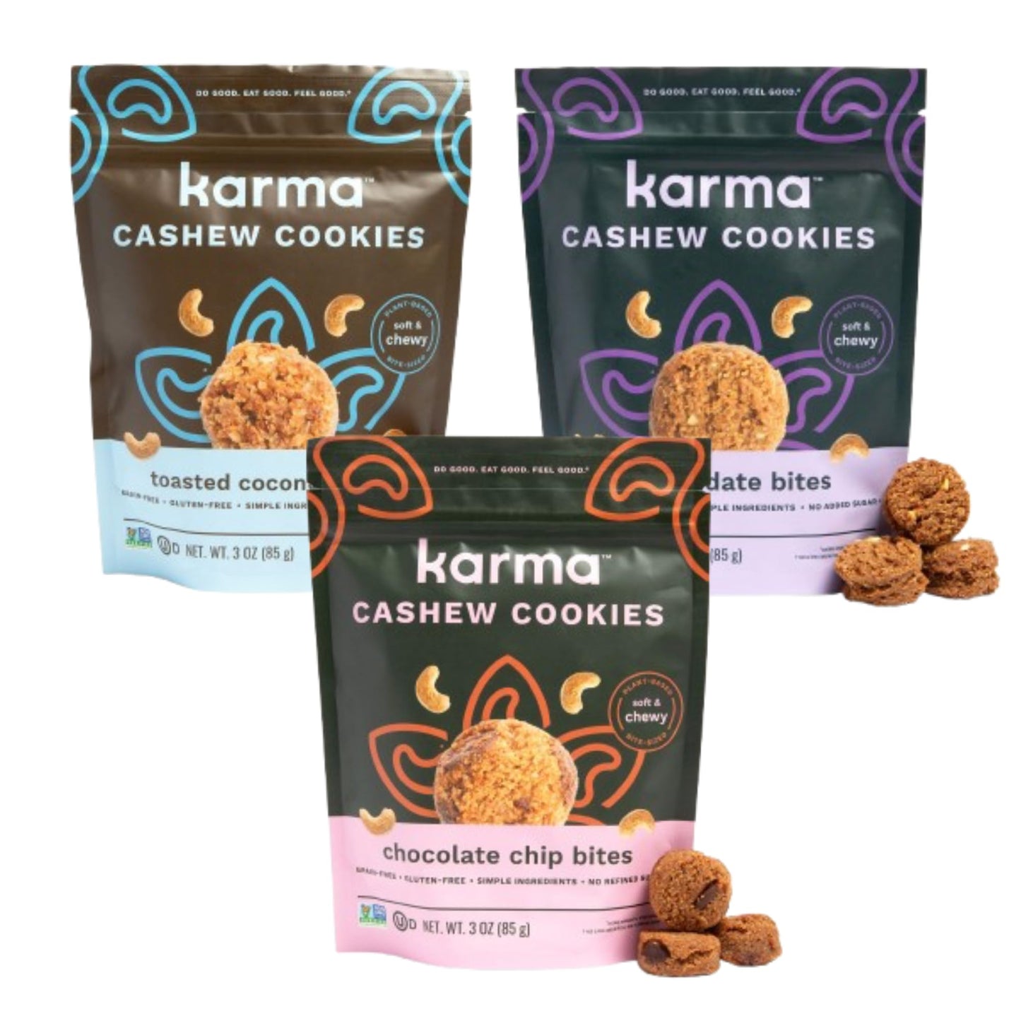 Karma Nuts Cashew Cookie Bites Variety Pack (3 Oz, Pack Of 3) - Gluten-Free Cookies, Non-Gmo Flavored Cashews Cookie, Soft & Che
