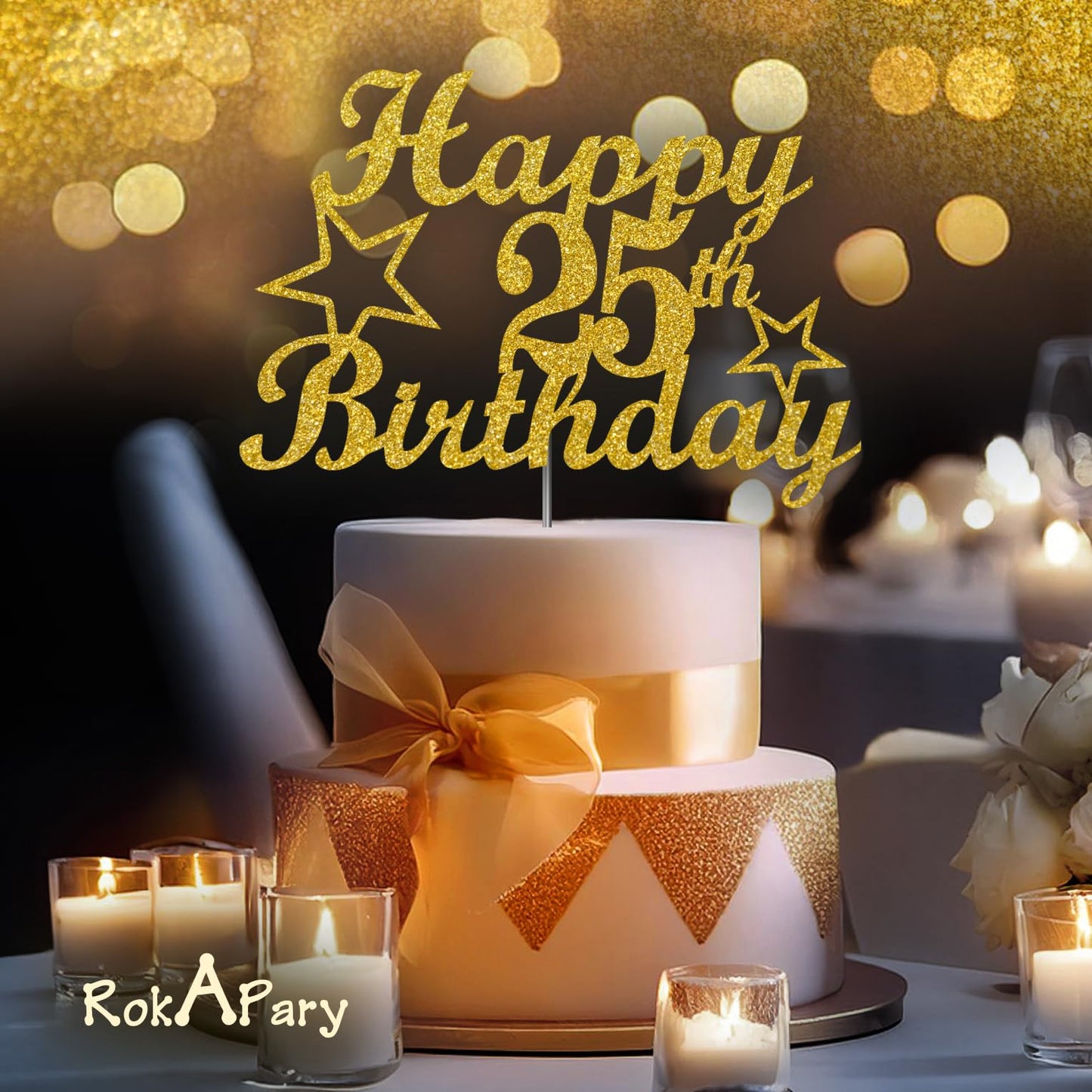RokAPary Gold Glitter 25th Birthday Cake Topper, Premium Acrylic, Sturdy Double-Sided, Model RCT217
