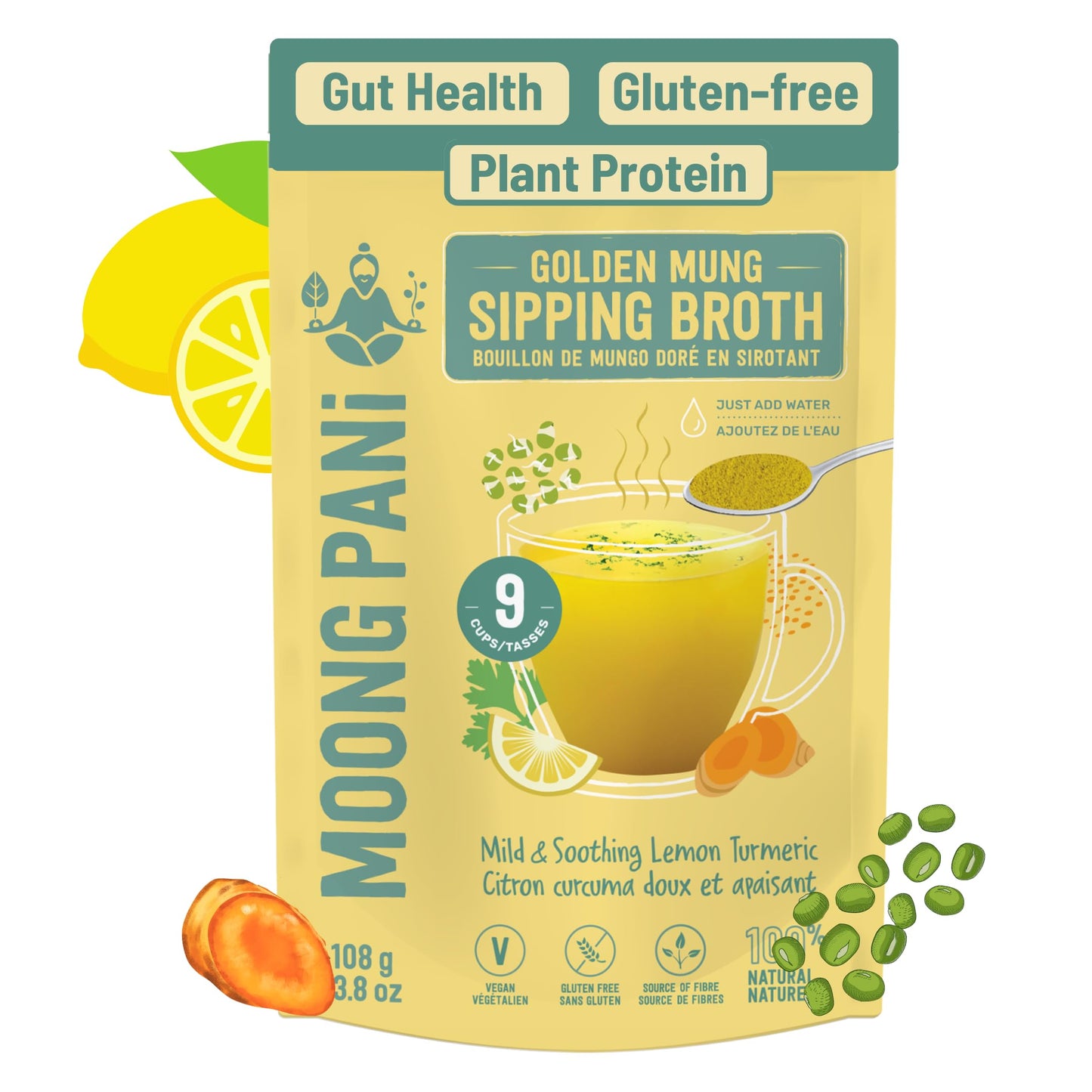 SPROUTED Mung Sipping Broth | MILD & SOOTHING with LEMON & TURMERIC | Plant Protein | Vegan Soup Powder | 100% Natural | Gluten-