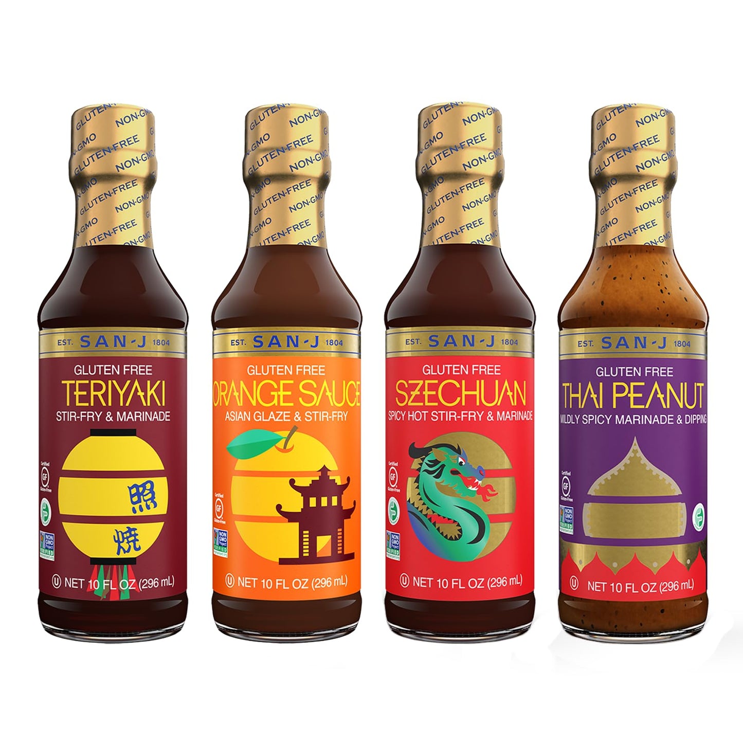 San-J - Spice of Life Variety Pack- Teriyaki, Orange Sauce, Szechuan, Thai Peanut - All Gluten Free Cooking Sauces - Non-GMO - 1