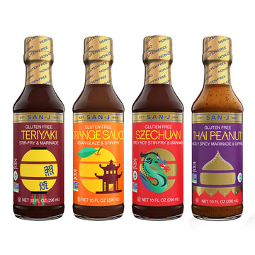 San-J - Spice of Life Variety Pack- Teriyaki, Orange Sauce, Szechuan, Thai Peanut - All Gluten Free Cooking Sauces - Non-GMO - 1
