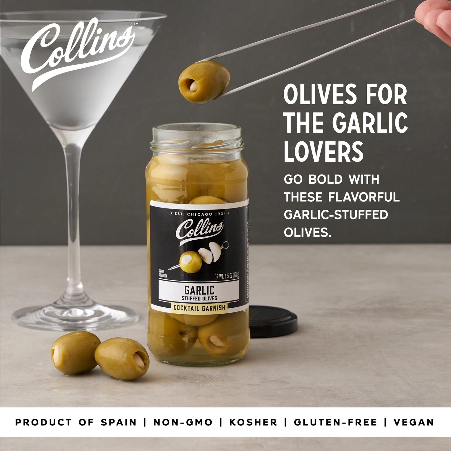 Collins Garlic Queen Olives | Premium Garlic-Stuffed Green Olives | 5 oz. | Black | Model O257