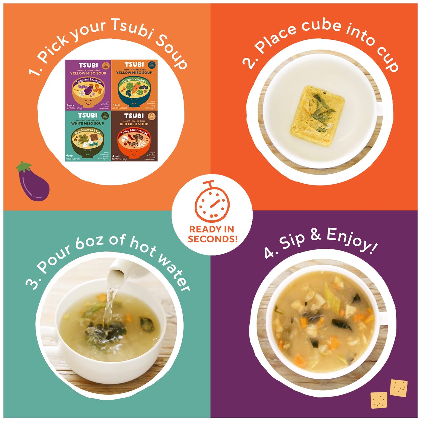 Tsubi Soup Freeze-Dried Miso Soup Packets - Vegan, Gluten & MSG-Free, Yellow Miso (Eggplant & Ginger) - 4 Packs