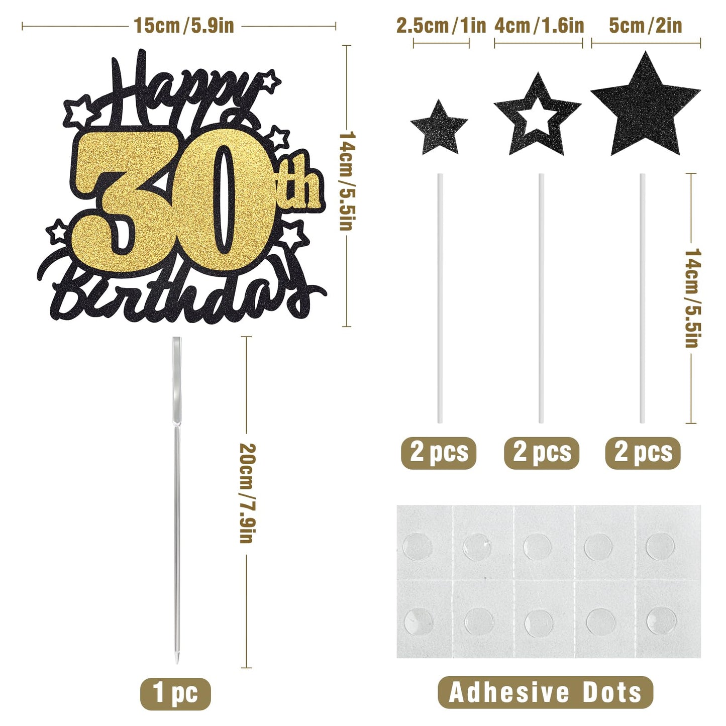 Happy 30Th Birthday Cake Topper, Black And Gold Glitter Cake Toppers, 30 Year Birthday Party Cake Decoration