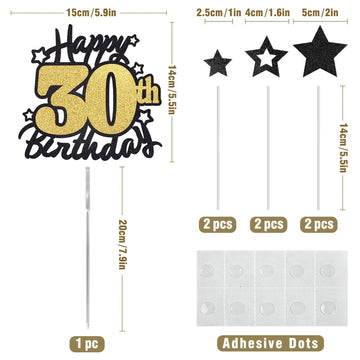 Happy 30Th Birthday Cake Topper, Black And Gold Glitter Cake Toppers, 30 Year Birthday Party Cake Decoration
