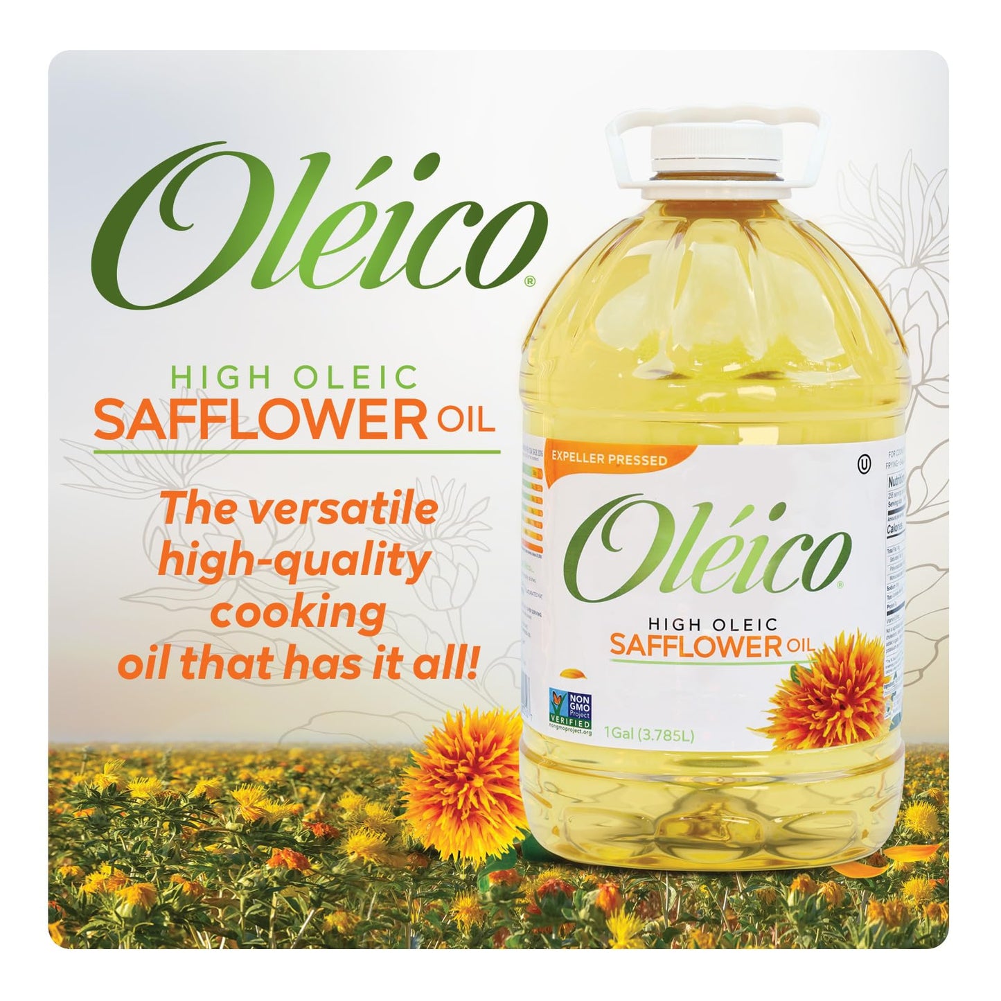 Oleico - High Oleic, Non GMO Certified, Kosher Verified, Expeller Pressed, High Heat Stable Safflower Oil, Bottle of 1 Gallon (1
