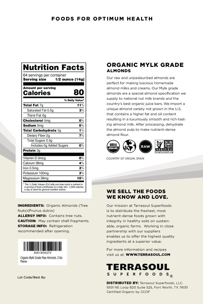 Terrasoul Superfoods Raw Unpasteurized Organic Almonds (Mylk Grade), 2 Pounds