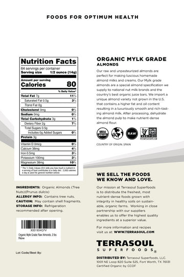 Terrasoul Superfoods Organic Raw Almonds, 4 Pounds (Mylk Grade), Unpasteurized, 32 Ounce (Pack of 2)