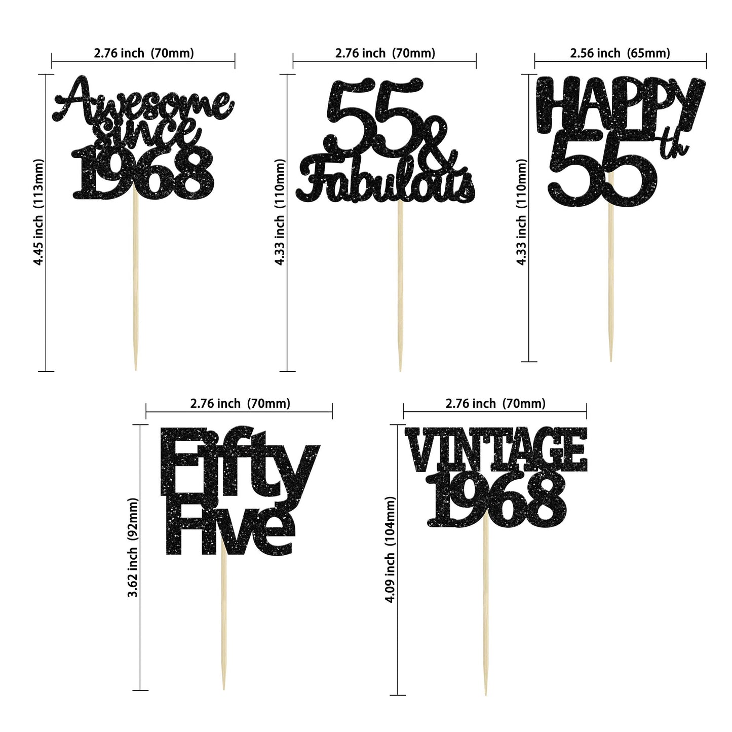 Gyufise 30 Pack Black Glitter Vintage 1968 Cupcake Toppers Glitter 55 Fabulous Happy 55 Cheers to 55 Years Birthday Cupcake Pick