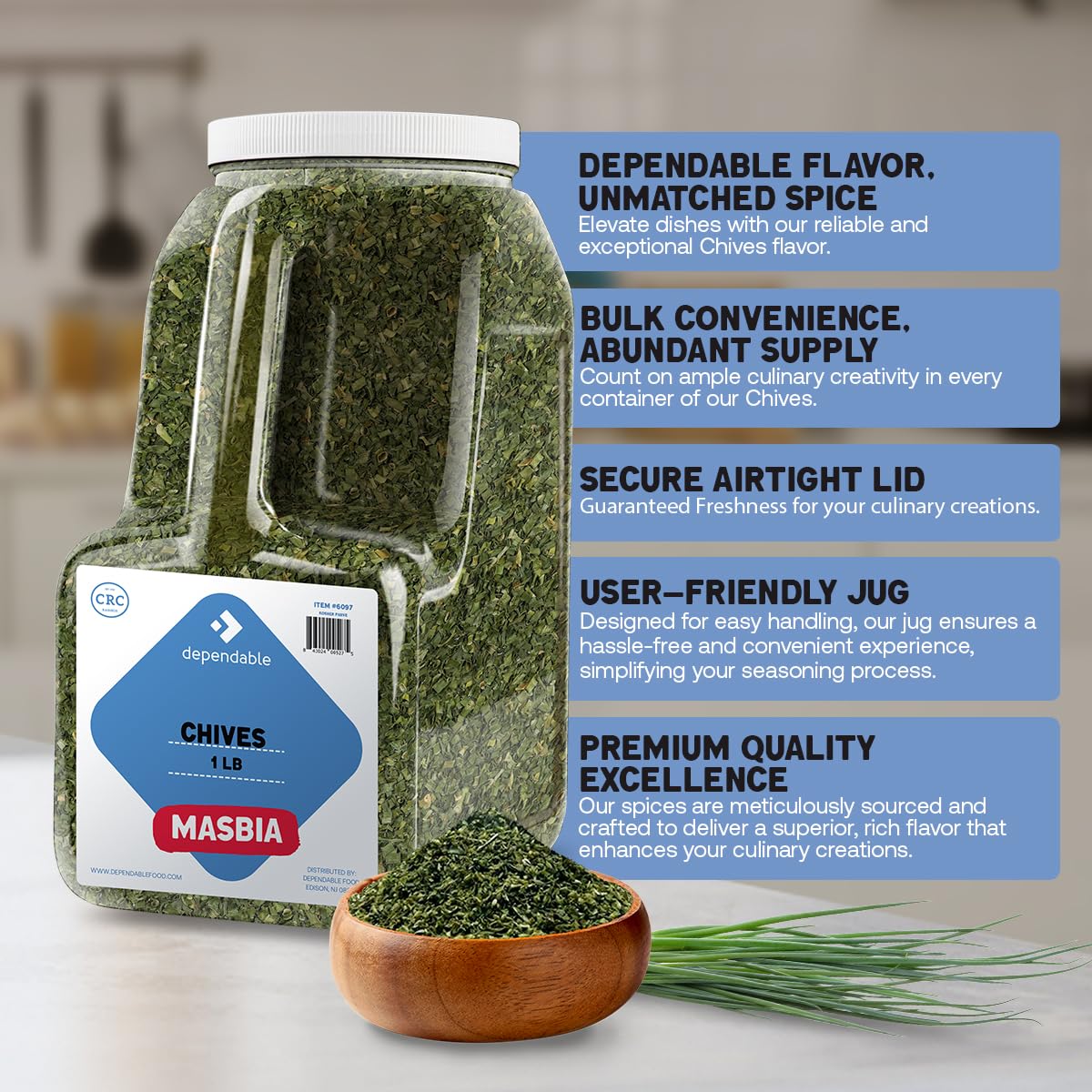 Dependable Foods Chives Spice - 1 Lb. Bulk Jar - Non-Gmo, Kosher, Salt-Free, Allergen-Free| Aromantic Herb Infusion