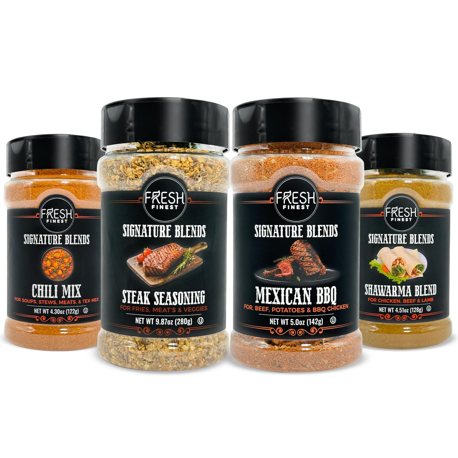 Fresh Finest Meat Seasonings And Rubs Gift Set - Montreal Steakhouse  Shawarma  Mexican Bbq  Chili Mix - Kosher  Gluten-Free  Non-Gmo - Perfect For Grilling And Flavorful Dinners (4-Pack)