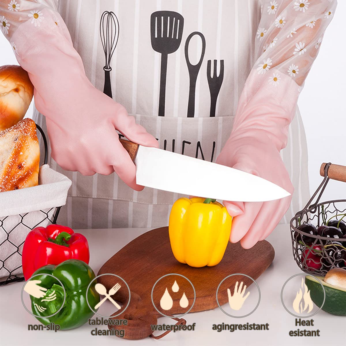 Kaq Dishwashing Cleaning Gloves 3 Pairs - Reusable Rubber Gloves Non-Slip Laundry Kitchen Gardening Household Gloves