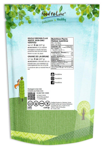 Brown Flax Seeds, 8 Ounces – Raw Whole Flaxseed, Kosher, Vegan, Bulk. High Dietary Fiber Food. Rich In Omega-3 Fats. Great For Salads, Baked Goods, Smoothies, Oatmeal, And Yogurt.