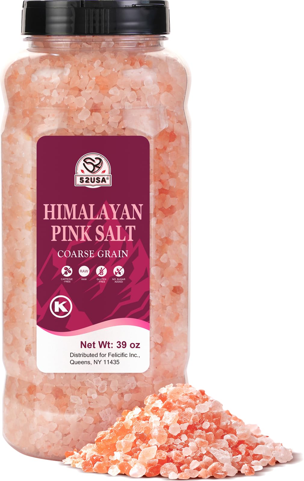 52USA Himalayan Pink Salt, Coarse Grain, Kosher, 39 oz (2.4 LB) Sea Salt for Grinder Refill