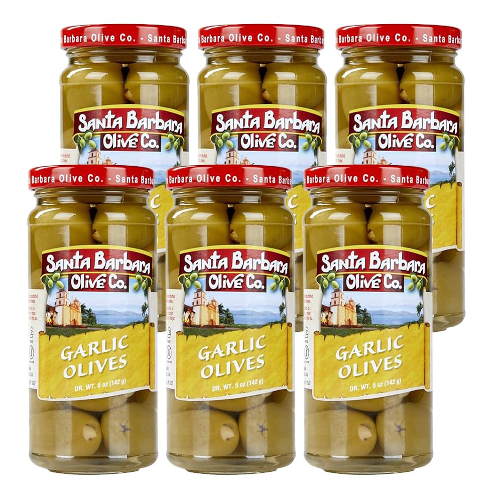 SANTA BARBARA OLIVE CO | enhanced Individually Hand Stuffed Cocktail Olives | (5oz jars) (Garlic Stuffed) (Pack of 6)