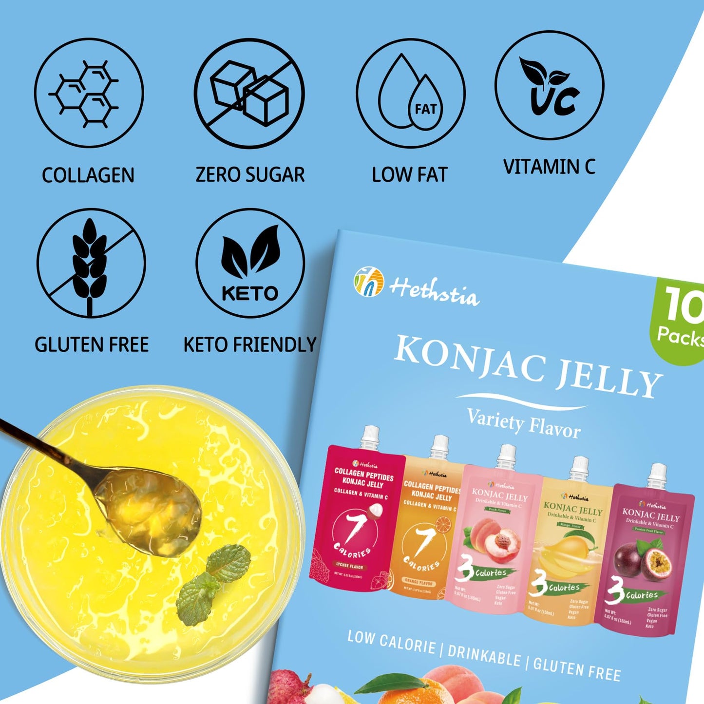 Hethstia Konjac Jelly Drinkable Pouch Variety Pack - Low Calorie, 0 Sugar, Gluten-Free, Collagen Peptides & Vitamin C - 10 Pack