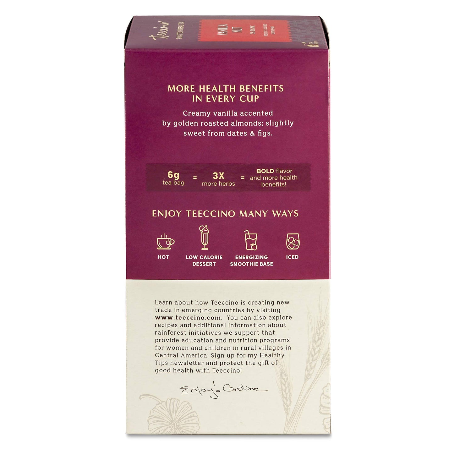 Teeccino Vanilla Nut Herbal Tea - Caffeine Free, Prebiotic, 25 Tea Bags, Rich & Roasted Flavor