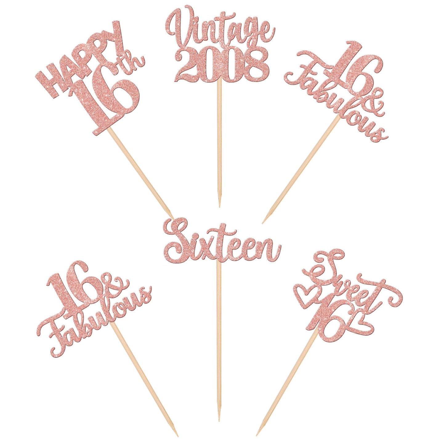 30Pcs Vintage 2008 Cupcake Toppers Glitter Sixteen 16 Fabulous Happy 16Th Birthday Cupcake Picks Cheers To 16 Years For 16Th Bir