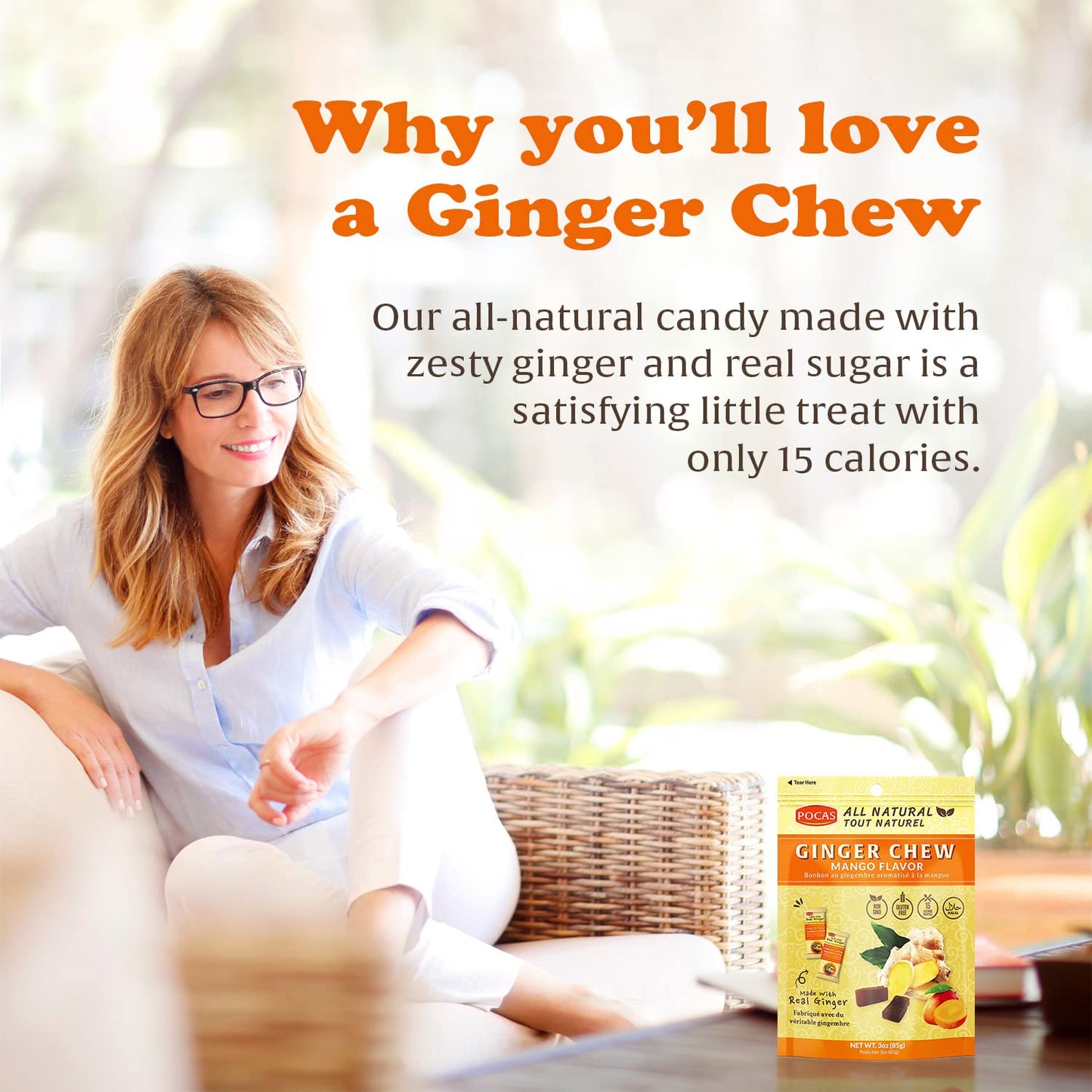 Pocas Mango Ginger Chews - Sweet and Zesty Ginger Chew, Individually Wrapped Low-Calorie Snacks, Ginger Candy Made with Pure Can