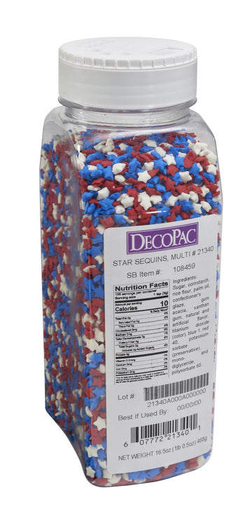DecoPac Patriotic Star Quins, 16.5oz, Fancy Sprinkles Shaped Like Stars In Red, White & Blue, Candy Sprinkles in Handheld Contai