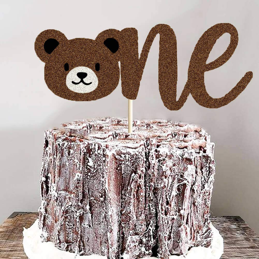 LetDec Bear First Birthday Cake Topper, Brown Paper, 1 Count, Lumberjack Theme, Rustic Buffalo Plaid Decorations