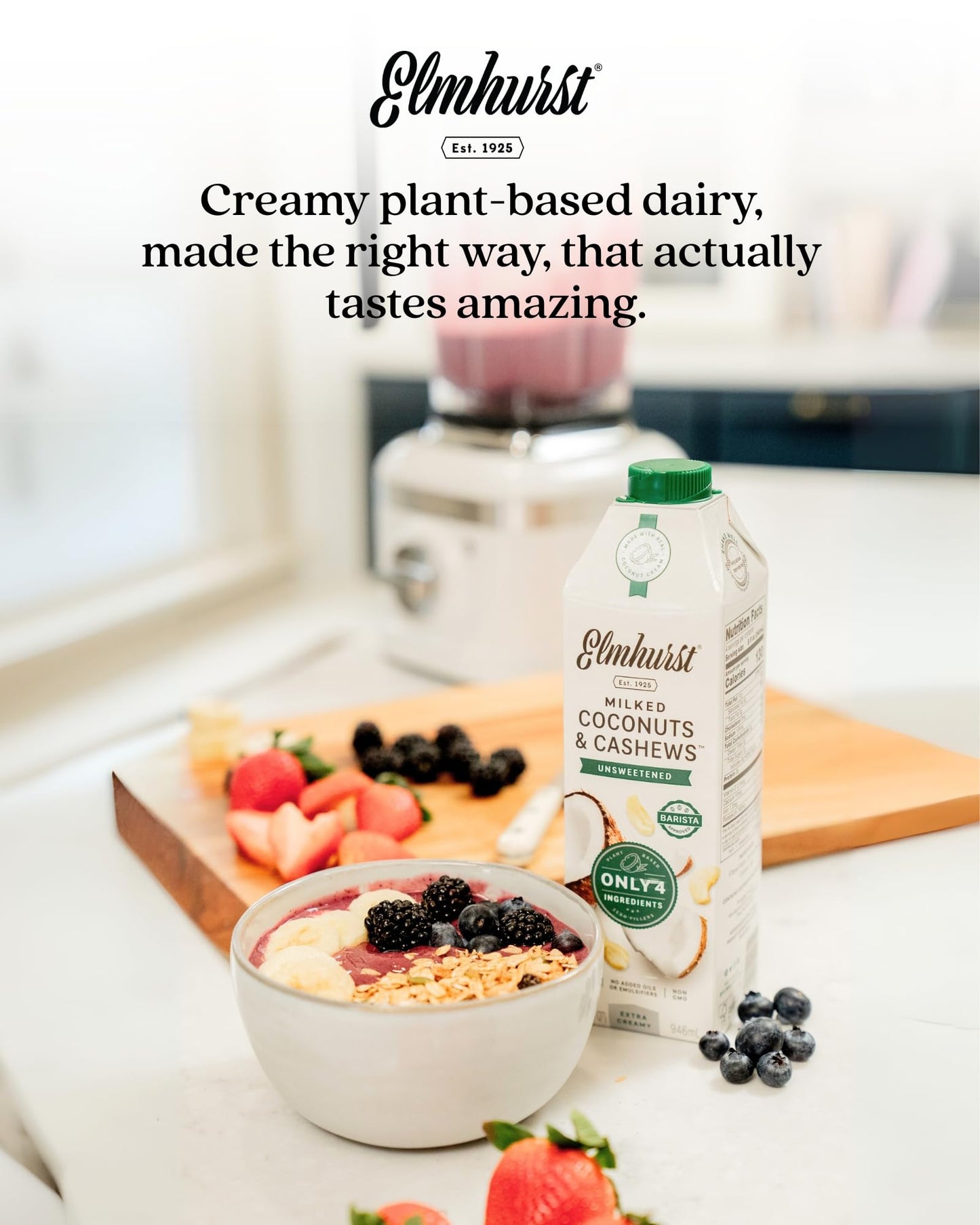 Elmhurst 1925 Unsweetened Coconut & Cashew Milk - 32 Ounce (Pack of 6) Dairy-Free  Gluten-Free  Vegan  Shelf Stable Milk Made w/ Coconut Cream & Cashews for Healthier  Simpler Plant-Based Alternatives