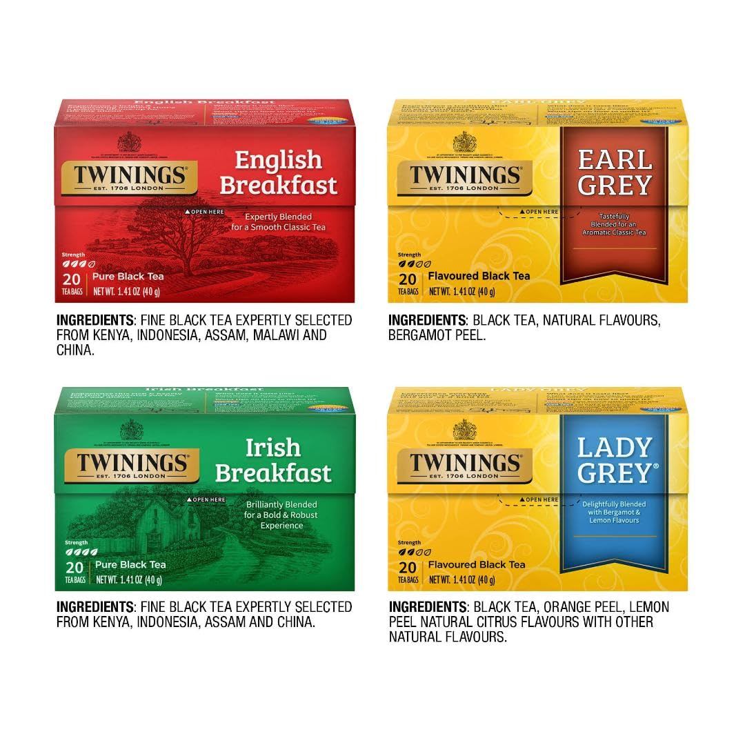 Twinings Variety Pack Black Tea Bags, Includes English Breakfast, Earl Grey, Irish Breakfast, & Lady Grey, Caffeinated Black Tea Bags, 20 Count (Pack Of 4), Enjoy Hot Or Iced