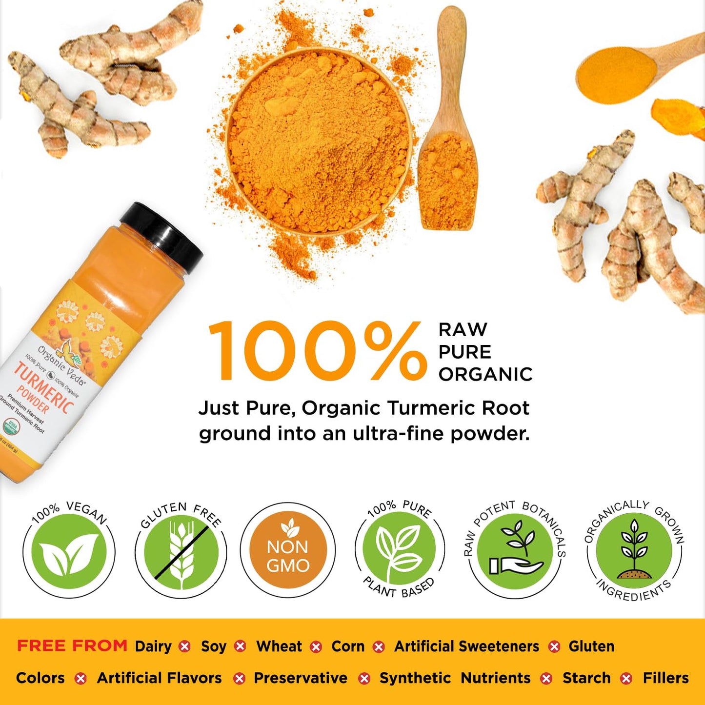 Organic Veda Turmeric Powder, 16 Oz - 100% Pure & Organic Turmeric Curcumin Root Powder - Usda Certified Ultra-Fine Turmeric Roo