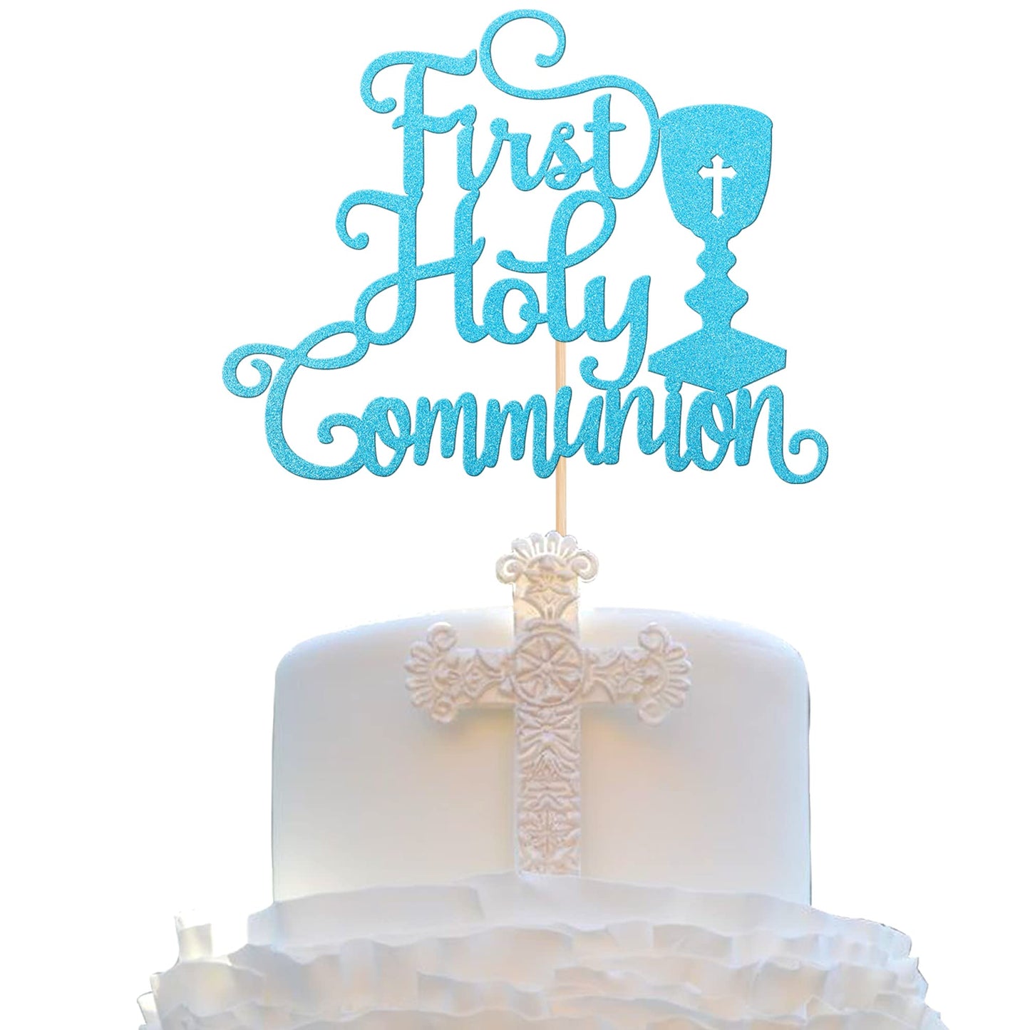 1 PCS First Holy Communion Cake Topper Glitter God Bless and Cross Cake Pick Baby Baptism Cake Decoration for First Communion Th