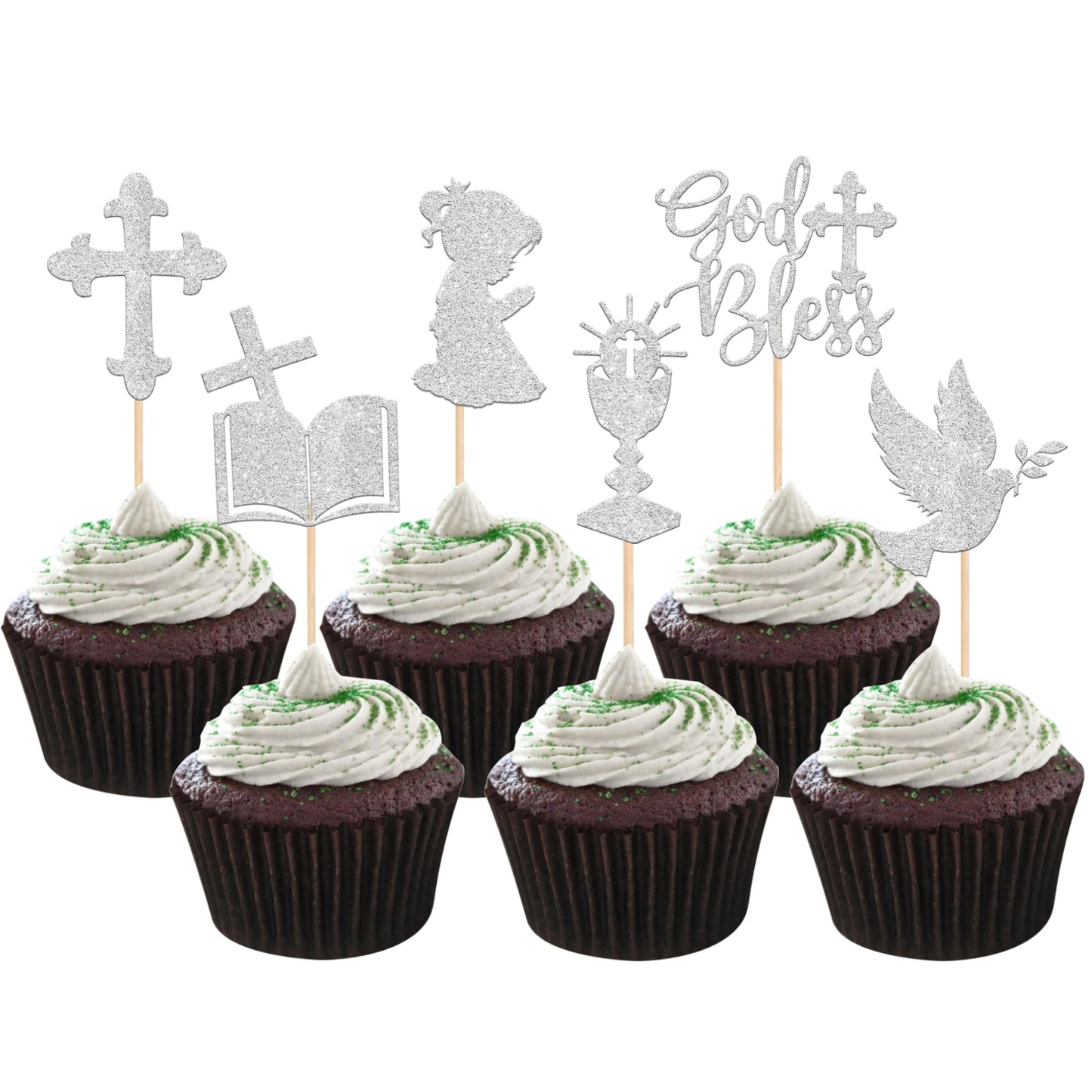 ZHUOWEISM 24 PCS Cupcake Toppers Glitter Dove Cross First Communion Decorations Small Silver