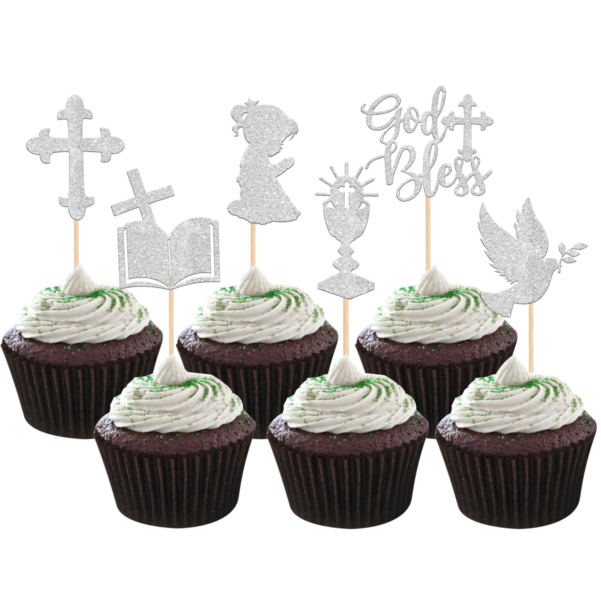 ZHUOWEISM 24 PCS Cupcake Toppers Glitter Dove Cross First Communion Decorations Small Silver